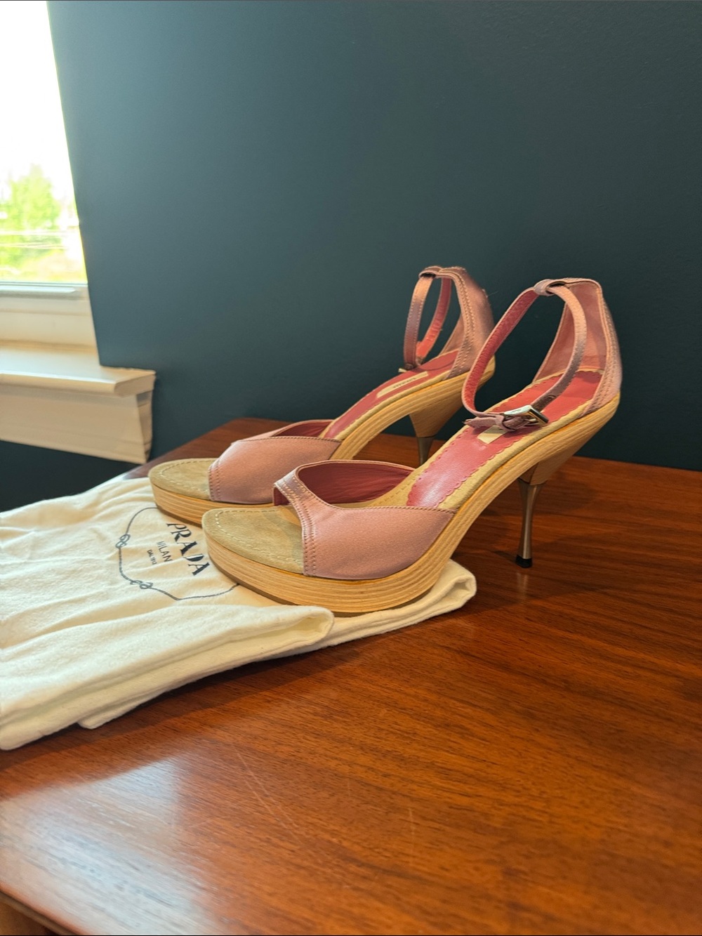 NWOT Prada Blush Pink Leather Platform Ankle-Strap Heels